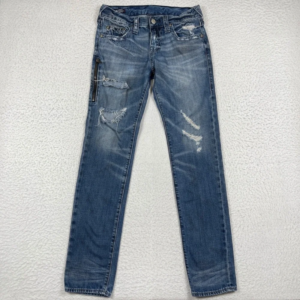 True Religion Rocco Jeans Mens 29 Blue Distressed Relaxed Skinny Side Zip Moto